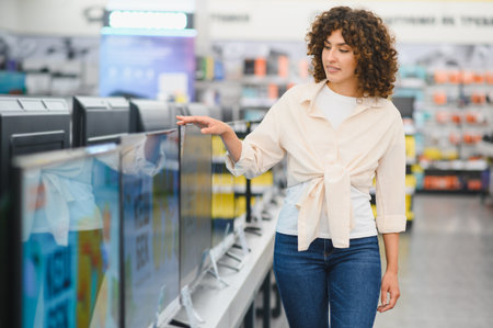 Customer comparing various television sets while shopping for home appliances in a vibrant retail...