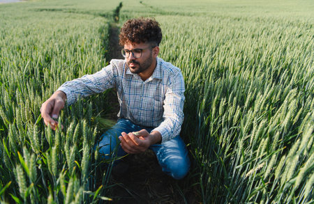 Agronomist analyzing development of wheat stalks in cultivated field, ensuring healthy growth and maximizing yieldの写真素材