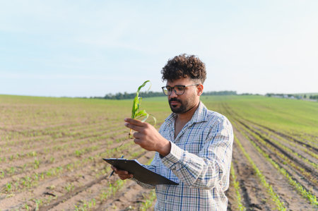 Agronomist examining corn seedling in cultivated field, performing quality control and growth assessment for optimal yieldの写真素材