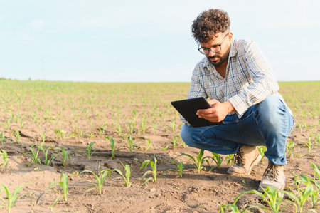 Agronomist is crouching in a cornfield, using a digital tablet to inspect the growth of young corn...
