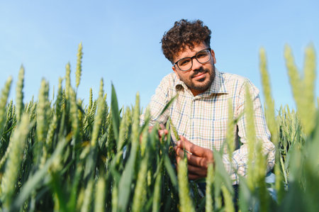 Agronomist examining wheat ears in a cultivated field, ensuring healthy growth and assessing the...