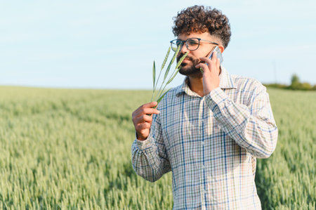 Agronomist inspecting a wheat field and communicating on a smartphone, discussing the state of the...