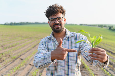 Agronomist examining corn sprout and pointing at it while standing in cultivated field, showcasing...