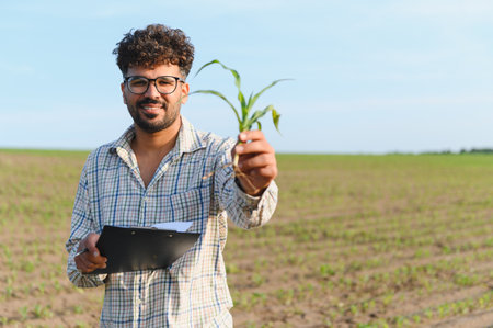 Agronomist inspecting corn seedling growth in cultivated field, emphasizing agricultural expertise...