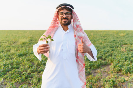 Arab farmer proudly displays a healthy soybean plant in a lush field, giving a thumbs up sign of approvalの写真素材