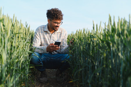Agronomist examining wheat stalks and using smartphone app for data analysis, implementing precision...