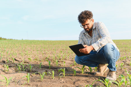 Agronomist using digital tablet while crouching in corn field, examining seedlings and leveraging...