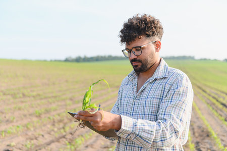 Agronomist examining corn seedling and taking notes on clipboard, assessing plant development in...