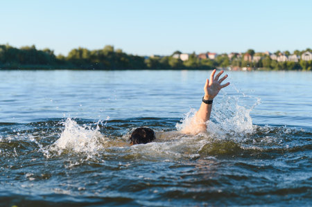 Man drowning in a river, desperately raising his hand for help while struggling against the water,...