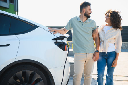 Happy couple charging their electric vehicle at home, demonstrating commitment to eco friendly...