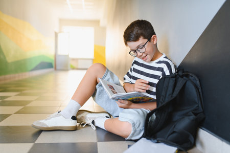 Elementary school student enjoying reading a book while sitting on the floor in a school hallway