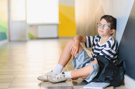 Schoolboy sitting on the floor in a school corridor, feeling the weight of bullying from classmates, overwhelmed by sadness and despairの写真素材
