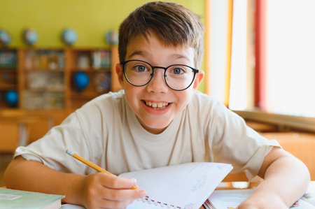 Happy school student wearing eyeglasses writing on a notebook, studying and learning in the...