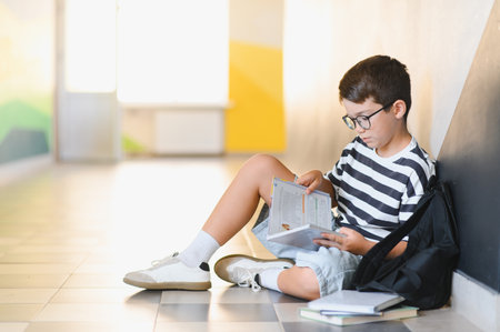 Elementary school student sitting on the floor in the school hallway and reading a textbook, preparing for classの写真素材