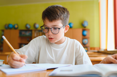 Schoolboy wearing eyeglasses studying and doing homework, writing on notebook with pencil in classroomの写真素材