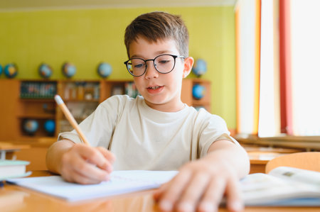 Elementary school student wearing eyeglasses writing notes in notebook, diligently completing...