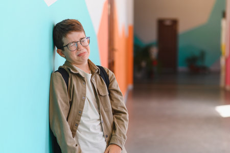 Sad schoolboy crying in a school hallway, feeling the weight of bullying from classmates, embodying the struggles of childhood isolationの写真素材