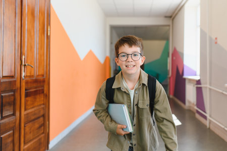 Happy student walking in elementary school hallway carrying books and backpack, going back to school after summer holidaysの写真素材