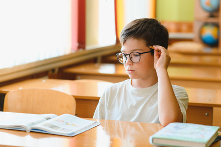 Schoolboy wearing eyeglasses sitting at a desk, deep in thought while engaging in a lesson in a...