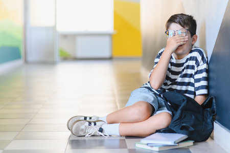 Sad schoolboy sitting on the floor in the school hallway and crying, covering his face with his hand, after suffering from bullyingの写真素材