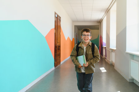 Cheerful schoolboy walking with a backpack and book along a vibrant school hallway, enjoying a joyful recess filled with laughterの写真素材