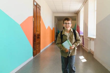 Boy with a backpack and book walking happily through a vibrant school hallway, surrounded by colorful walls and cheerful atmosphereの写真素材