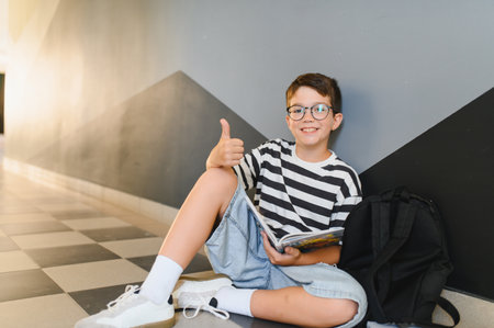 Happy pupil giving a thumbs up while reading a textbook, sitting comfortably on the school floor, radiating positivity and enthusiasmの写真素材