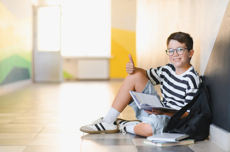 Happy student showing thumbs up while sitting on school floor and holding textbook, enjoying studying and educationの写真素材
