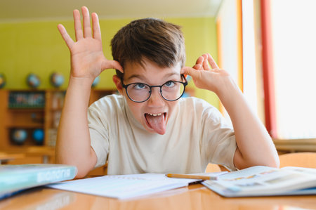Schoolboy sticking out his tongue and making a funny face while sitting at his desk in a lively...