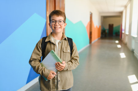 Portrait of a cheerful schoolboy standing in a vibrant school corridor, holding his books and ready...