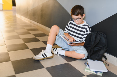 Young boy sitting on the floor reading a textbook, backpack and notebooks beside him, in a school...