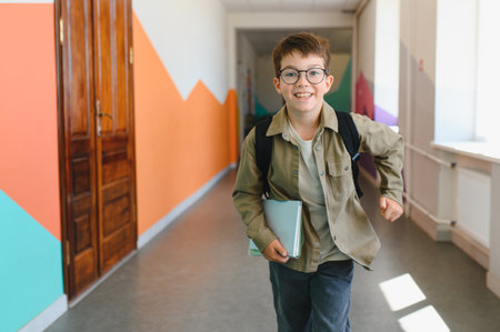 Smiling elementary school student running in school hallway carrying backpack and books, excited for learningの写真素材