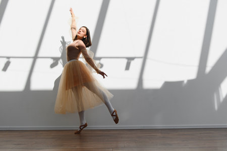 Young graceful ballerina practicing ballet moves in a dance studio, illuminated by natural light casting artistic shadows on the wallの写真素材