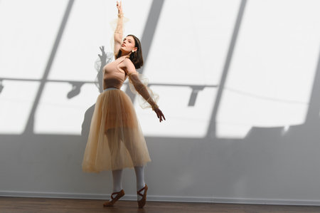 Ballerina practicing in a dance studio, illuminated by natural light, showcasing her elegant moves and artistic expressionの写真素材