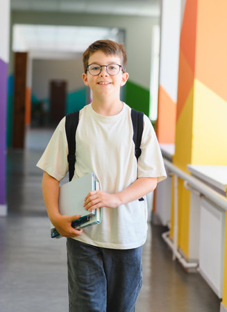 Happy boy with a backpack and books walking through a vibrant school hallway, excitedly embracing the journey of learning and discoveryの写真素材