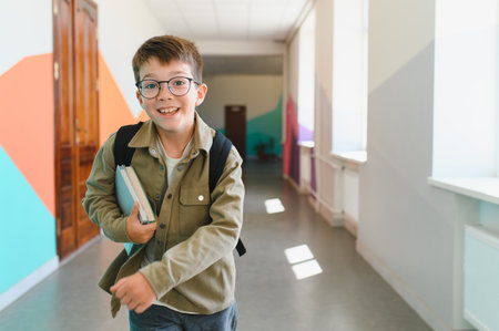Happy student running joyfully through a school hallway, carrying books and a backpack after an engaging classの写真素材