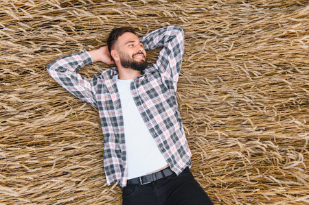 Young farmer lying in a golden wheat field, basking in the warmth of summer and savoring the joy of a successful harvestの写真素材