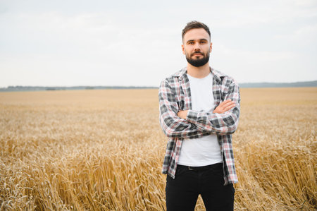 Confident farmer standing with crossed arms in a golden wheat field, overseeing his successful harvestの写真素材