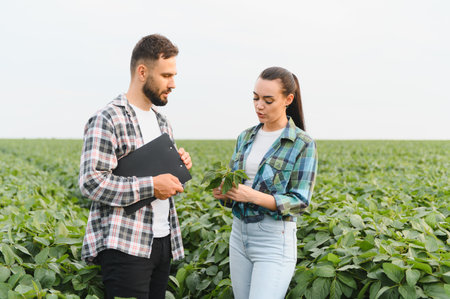 Two farmers are examining a soybean plant in a cultivated field, discussing its growth and health