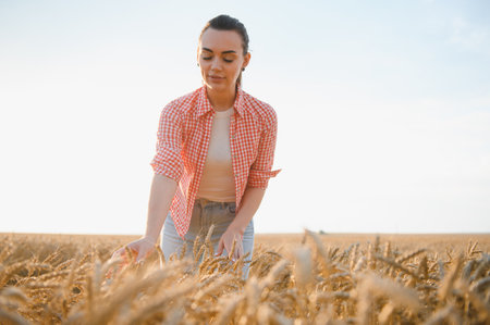 Young female farmer examining ripe wheat ears in a lush agricultural field during the enchanting...