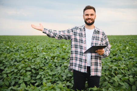 Agronomist showing a soybean plantation while holding a clipboard, representing agricultural monitoring and sustainable farming practicesの写真素材