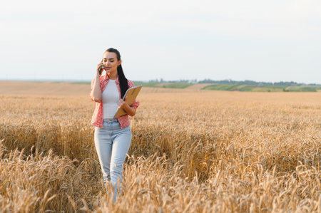 Female farmer using a mobile phone and holding a tablet while walking through a golden wheat field,...
