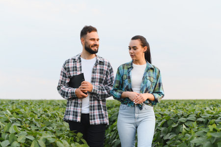 Two farmers walking through a lush soybean field, discussing and analyzing the crops growth while...