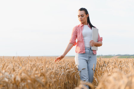 Farmer walking through golden wheat field, using a device for analysis and quality control, showing...