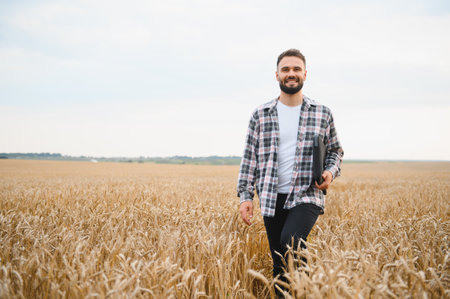 Happy farmer is walking through a golden wheat field while holding a laptop, showcasing the intersection of technology and agricultureの写真素材