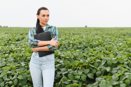Confident female agronomist inspecting crops in a soybean field, holding a clipboard and looking towards the horizonの写真素材