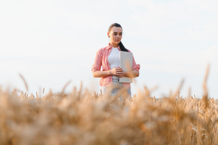 Farmer using modern technology for agriculture management, ensuring efficient crop growth and...