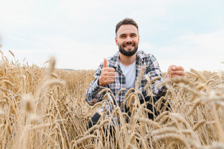 Happy farmer inspecting his ripe wheat crop, giving thumbs up gesture, satisfied with good harvestの写真素材