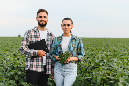Two farmers are standing in a soybean field, holding a clipboard and a soybean plant, examining the cropの写真素材