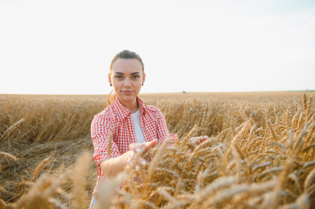 Young female farmer gently touching ripe wheat ears in a golden field at sunset, celebrating a...